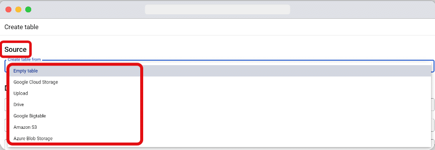 source section while setting up table in bigquery