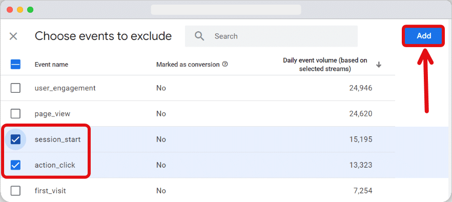 window for selecting and excluding events