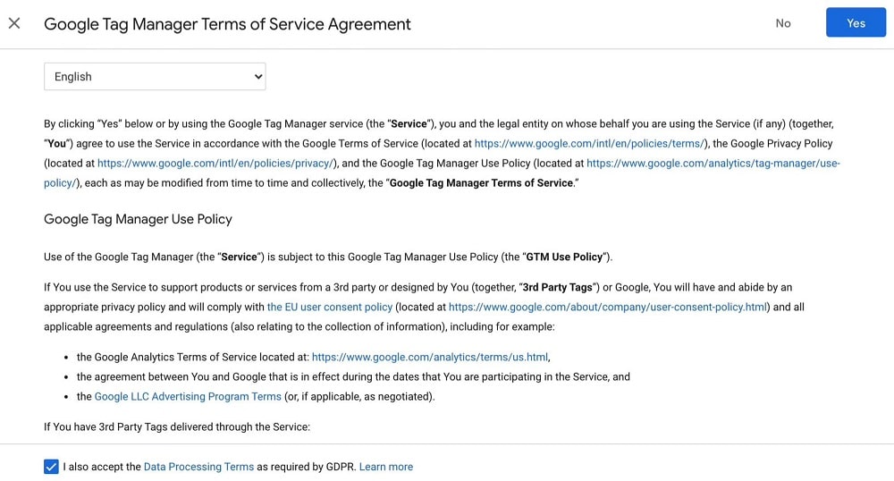 google tag manager terms of service agreement