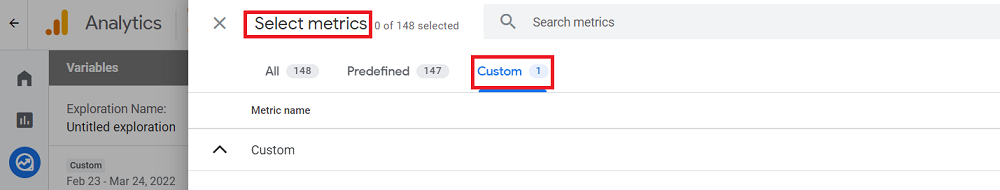 Screenshot of custom metrics in google analytics 4 account