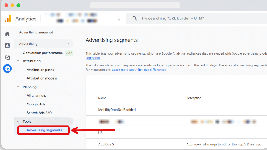 Advertising segments highlighted in the Advertising section of a GA4 account
