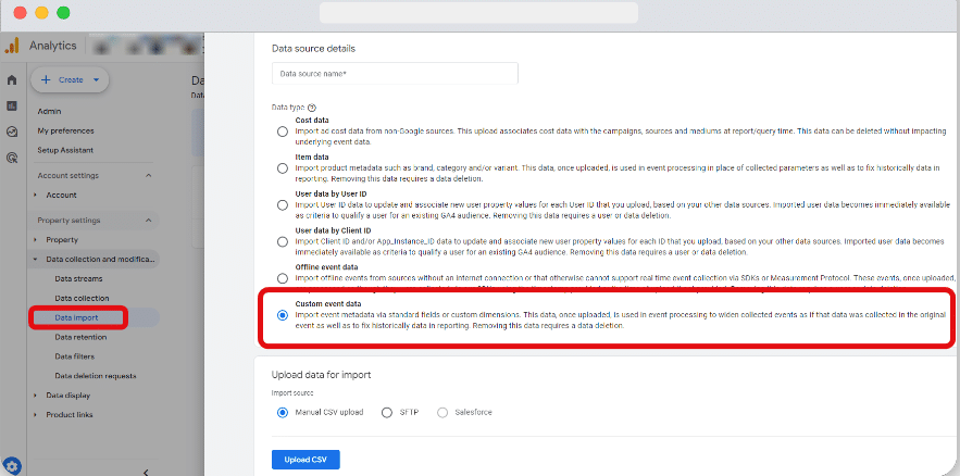 Custom Event Data Import inside admin section of ga4