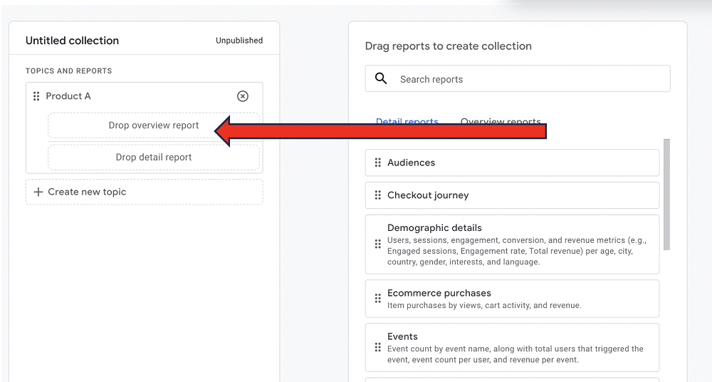GA4 report collection creation window indicating the place for dragging & dropping reports