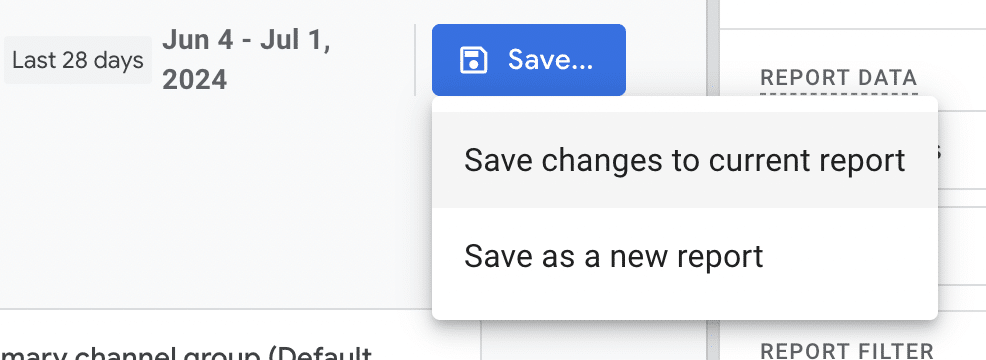 Save button to save the changes made to the current report