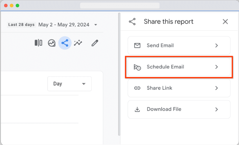 Schedule email option highlighted in a ga4 report