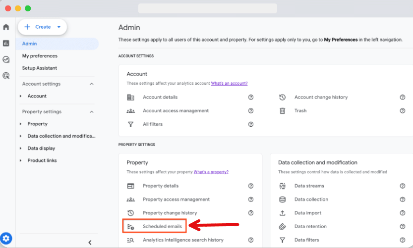Scheduled emails options under the property section in a ga4 account