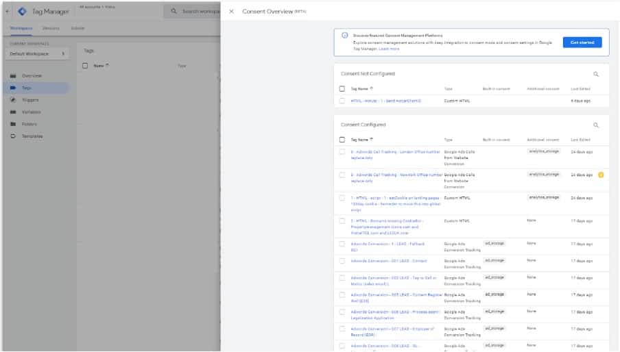 screengrab of consent overview in google tag manager