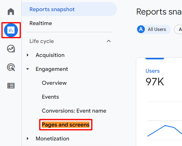 pages and screen report in google analytics 4