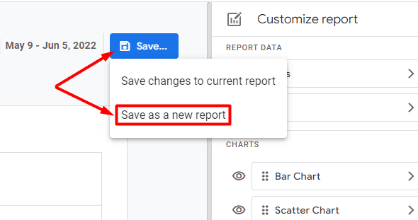 save option for saving report in ga4