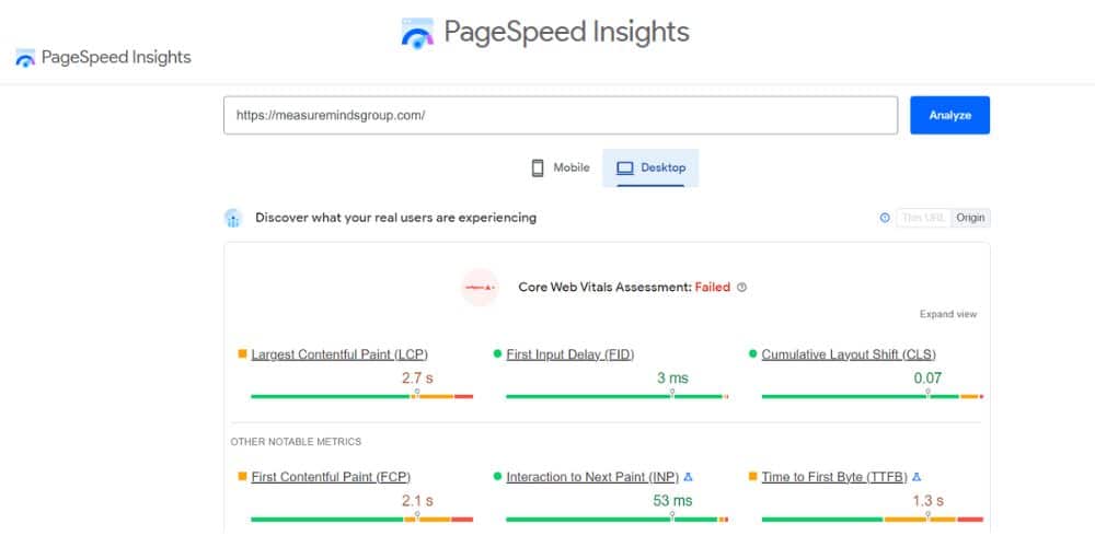 dashboard of pagespeed insights