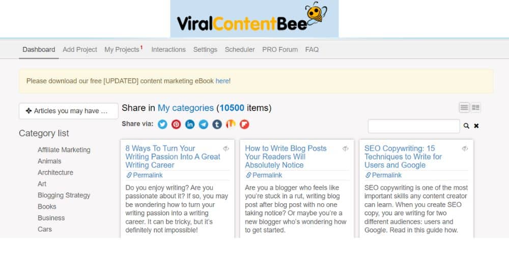 dashboard of viralcontentbee