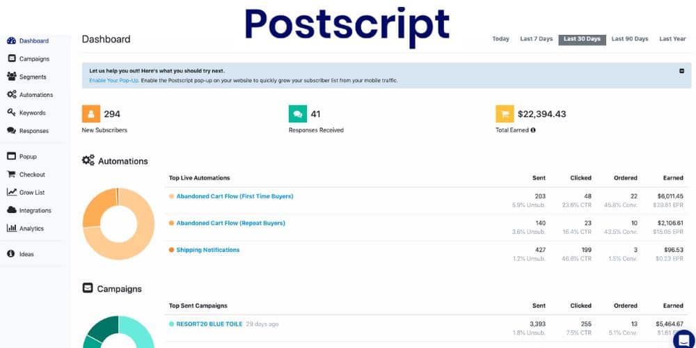 dashboard of postscript