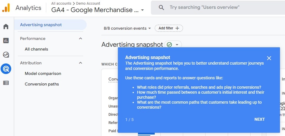 advertising snapshot in google analytics 4