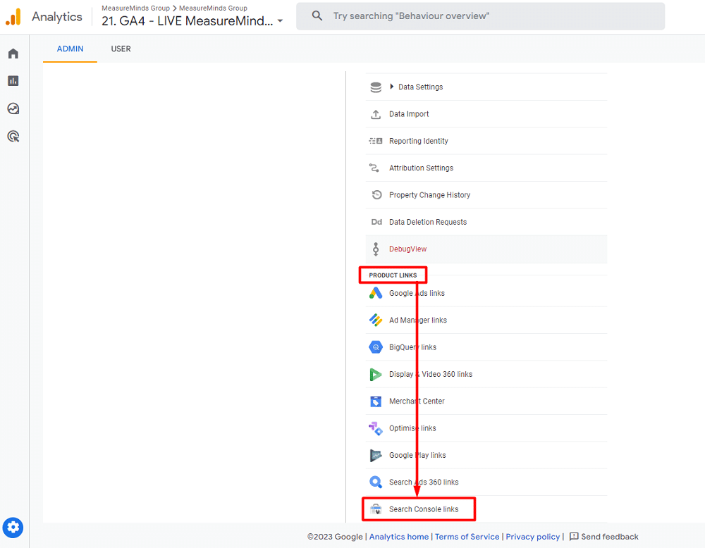 Search Console Links button under product links in GA4 dashboard