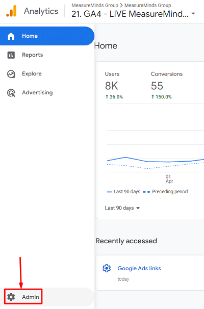 Admin section of a google analytics 4 account