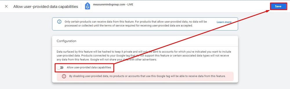 Switching OFF the 'Allow user-provided data capabilities' button
