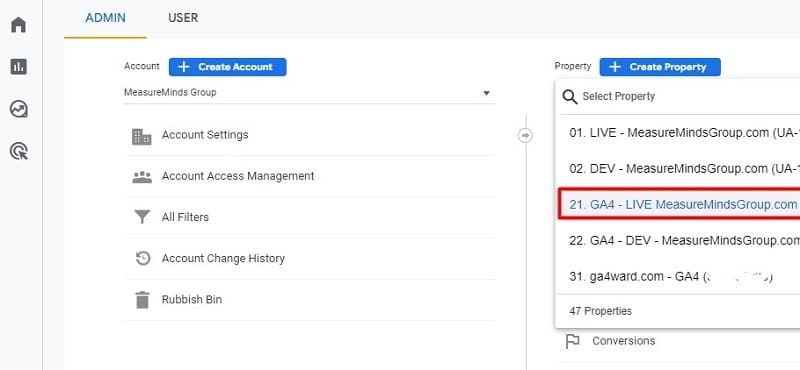 Choosing the right GA4 property from a google analytics 4 account