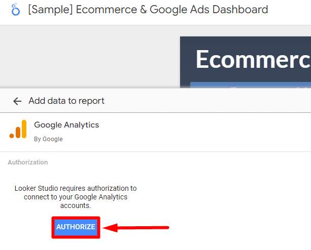 button for authorizing connection to google analytics account