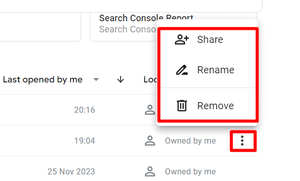 three dot menu for sharing or deleting a report 