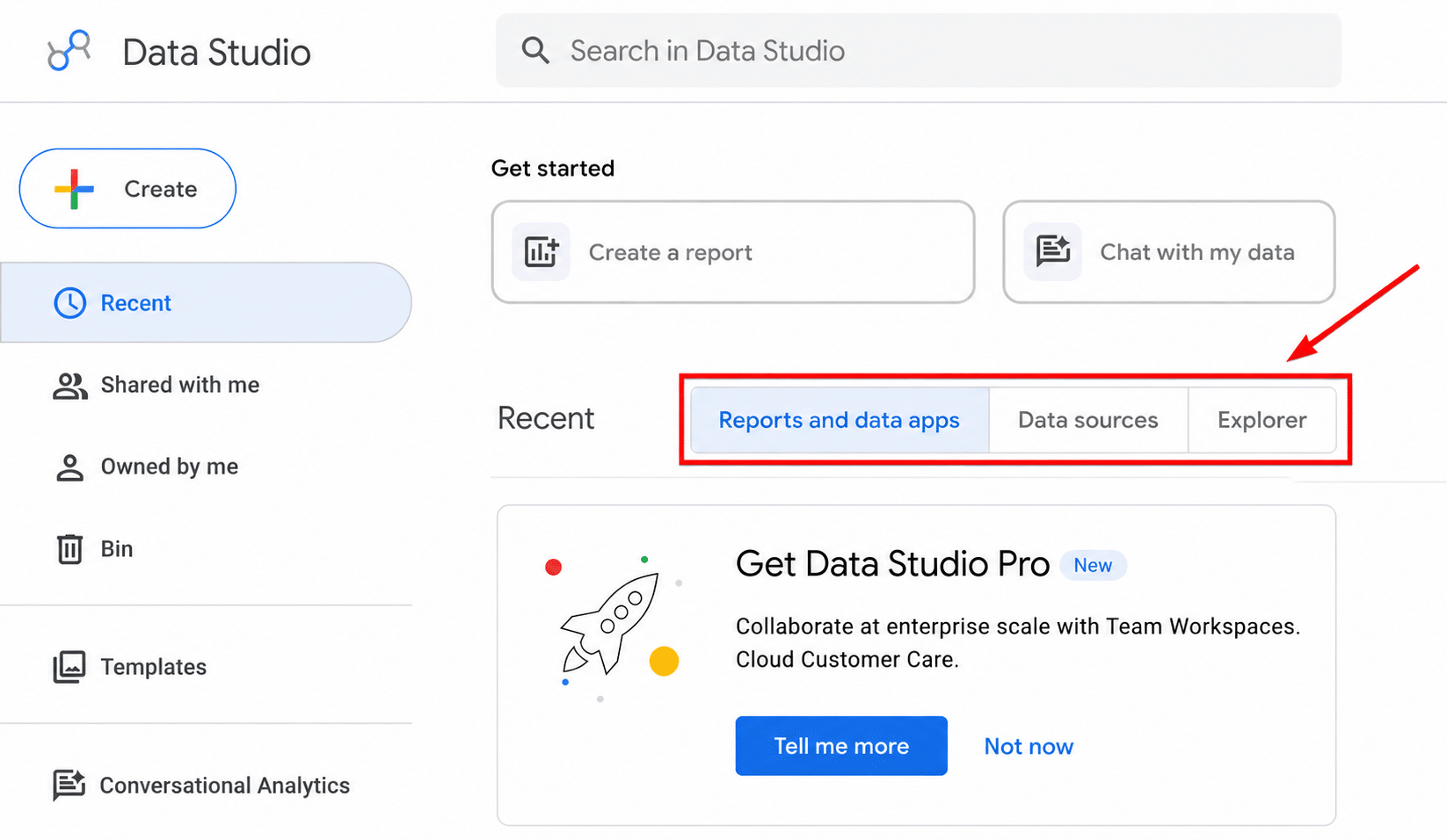 sections of Data studio home page