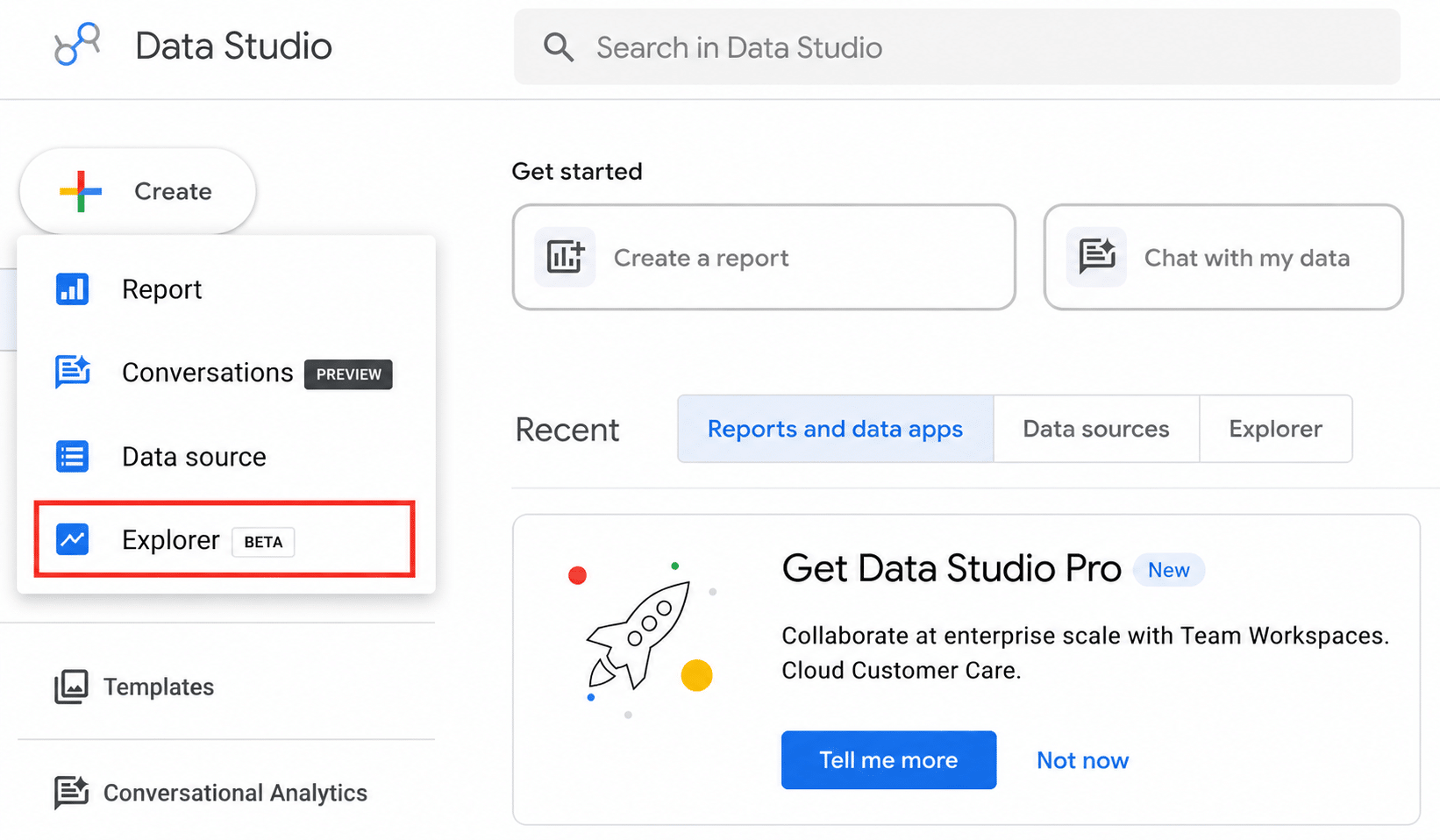 Explorer section in Data studio