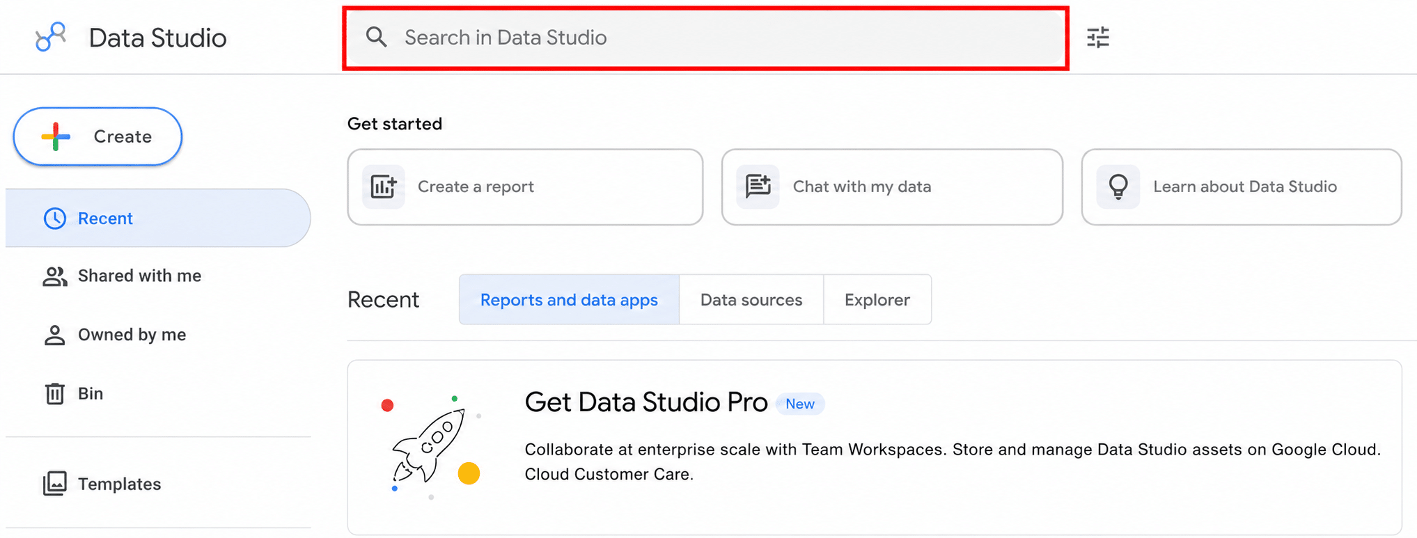 Search feature in google Data studio for finding reports