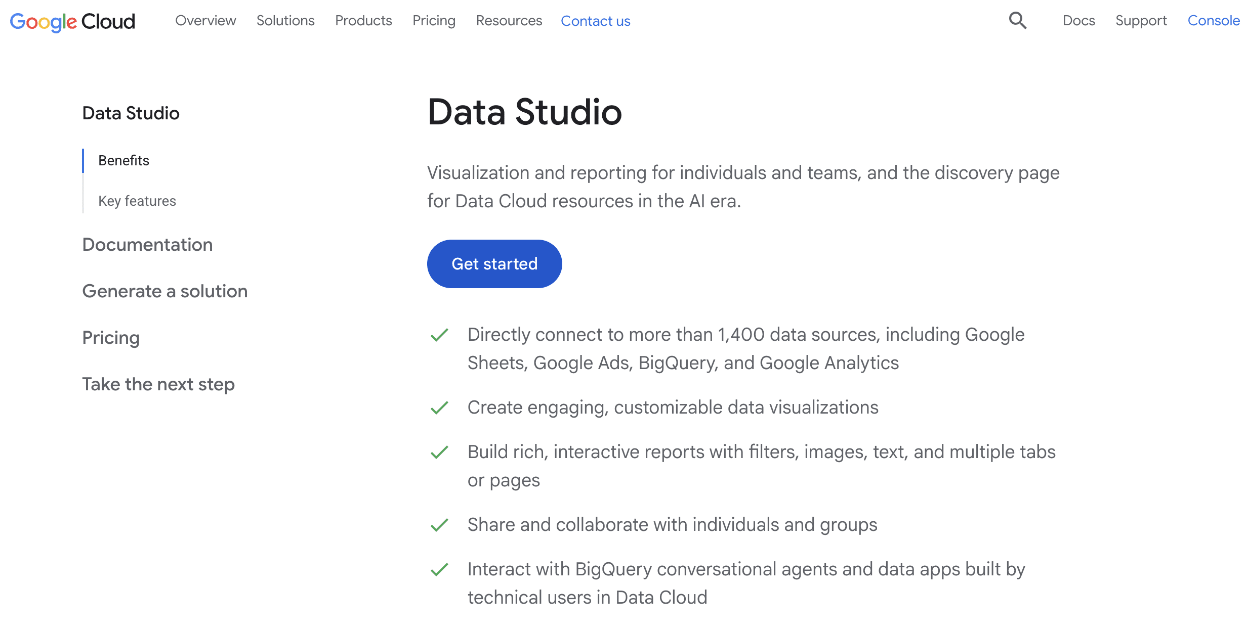 Data studio website page to get started