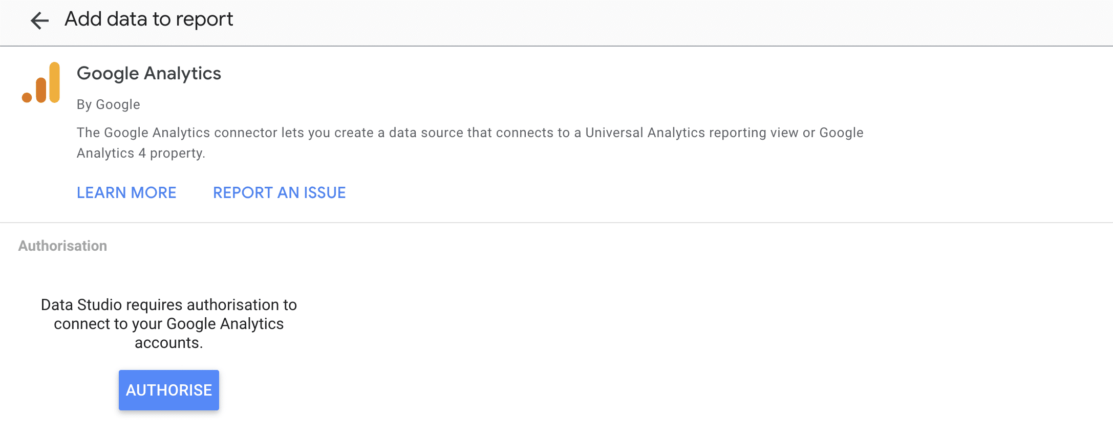 Authorising google analytics as the connector or data source for Data studio