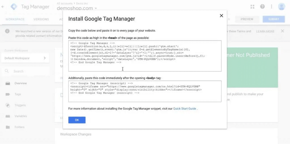 code for installing google tag manager to a website