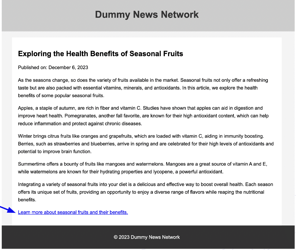 web page of a dummy news website