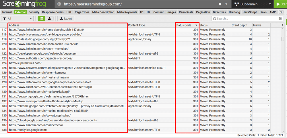 Checking for 301 redirects in screamingfrog
