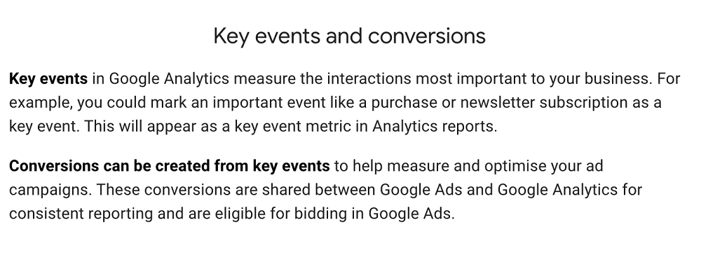 definition of key events in GA4 & conversion in Google ads
