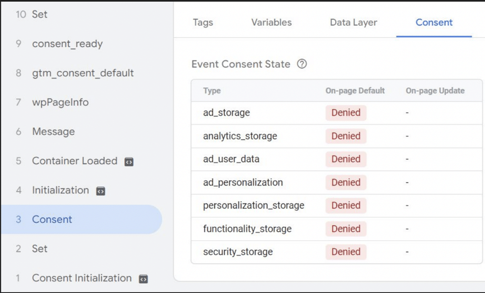 Consent tab to see how Consent Mode is initialised or updated