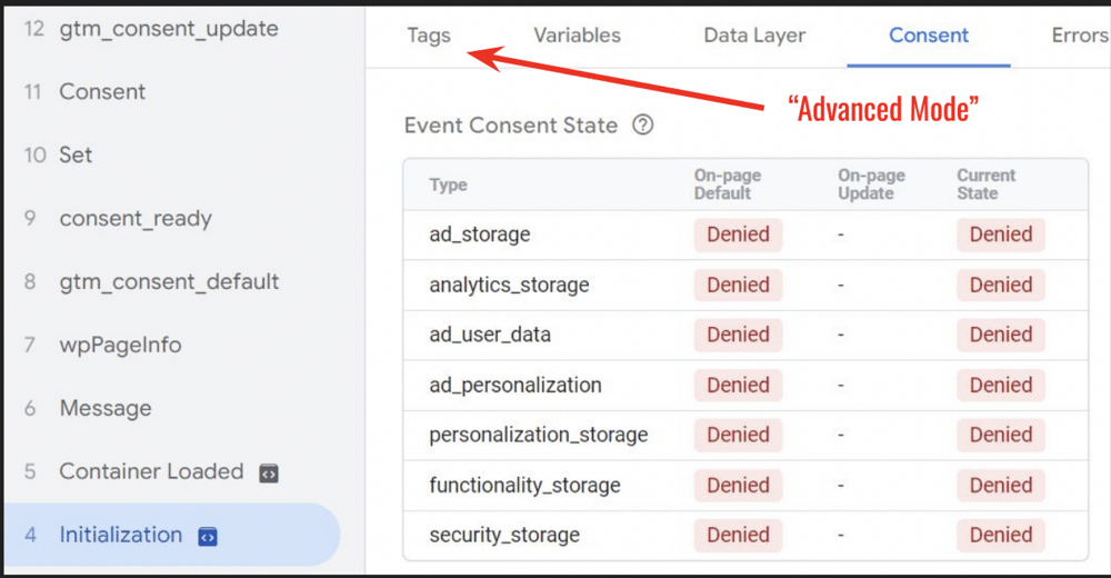 tags when advanced consent mode is active