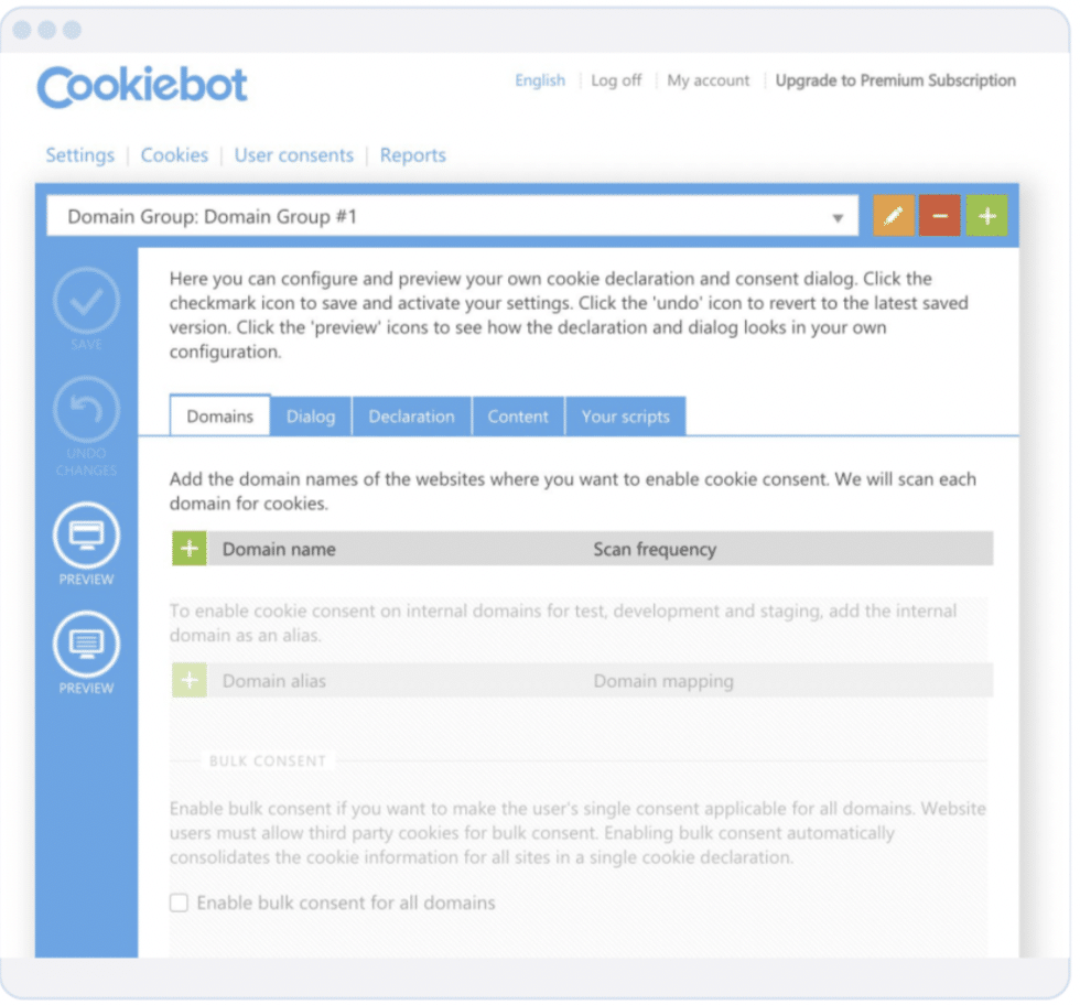 cookiebot's interface for setting up cookie banner