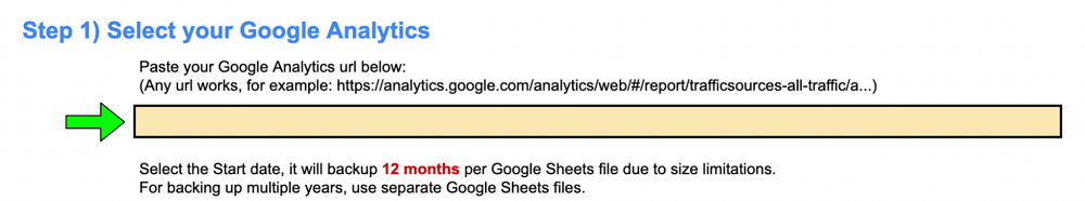 Instruction on where to paste google analytics url in the sheet