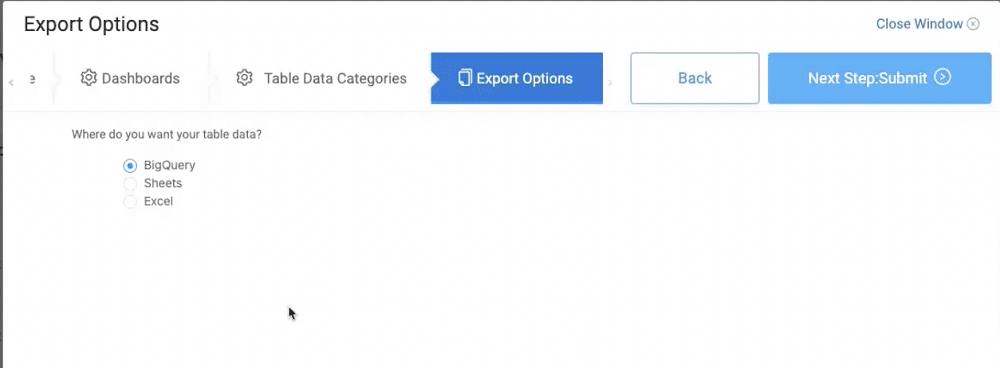 Export options window inside analytics canvas