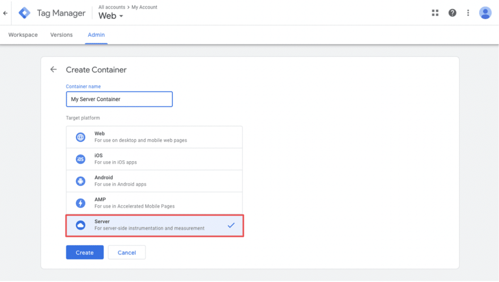 'Server' target platform is highlighten in the creating container page of GTM