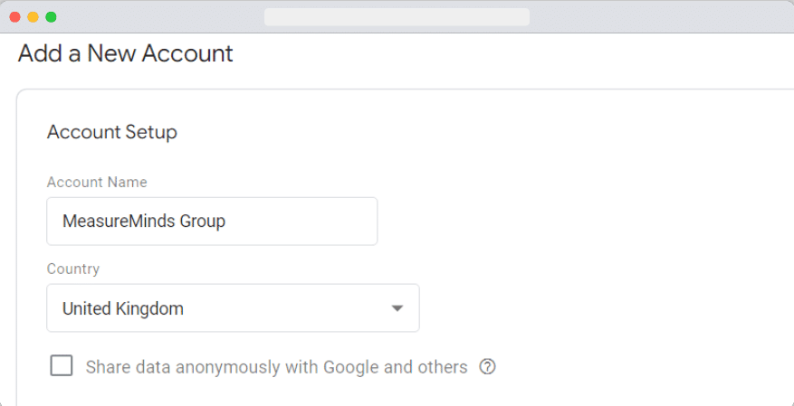 'Account setup' section in the gtm account creation page