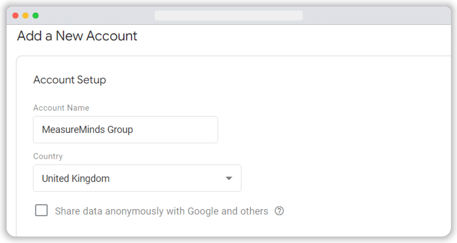 'Account setup' section in the gtm account creation page