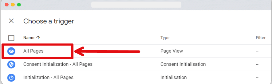 'All pages' trigger from the triggers list in a gtm account highlighted