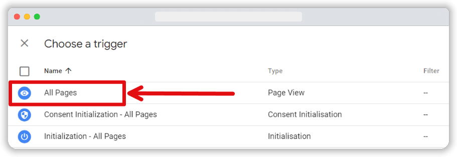 'All pages' trigger from the triggers list in a gtm account highlighted