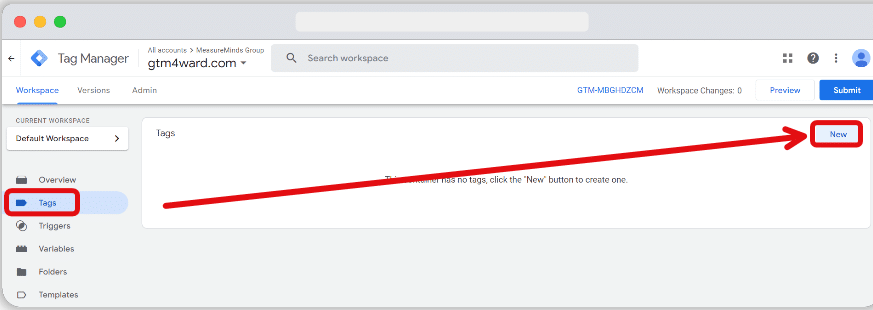 Button to create new tag in a gtm account highlighted
