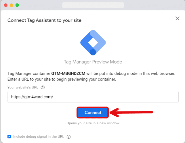 'Connect' button highlighted in the Connect Tag Assistant to your site page