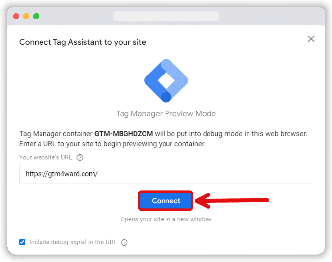 'Connect' button highlighted in the Connect Tag Assistant to your site page