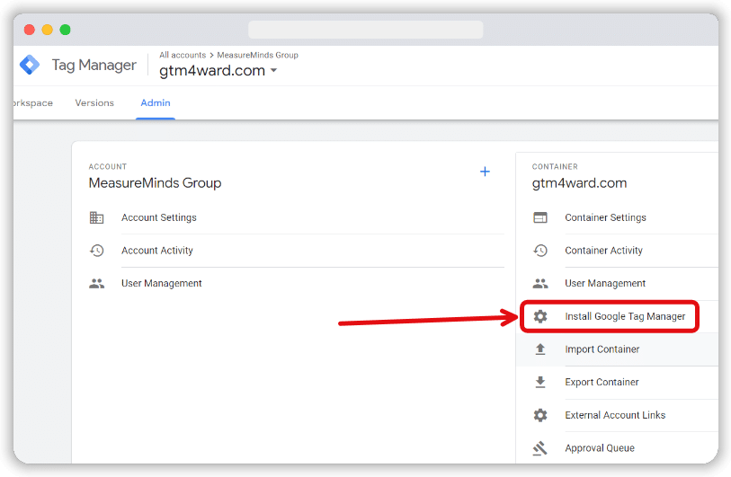 'Install Google Tag Manager' option highlighted under 'container' section in the admin menu of a gtm account