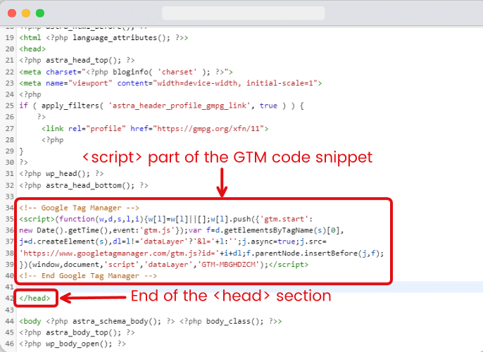 Pasting script part of the GTM code snippet in hte head section of a site