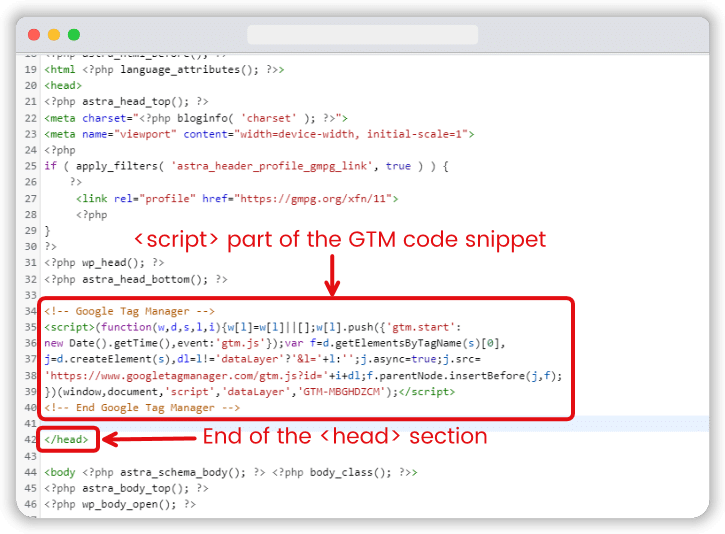 Pasting script part of the GTM code snippet in hte head section of a site 