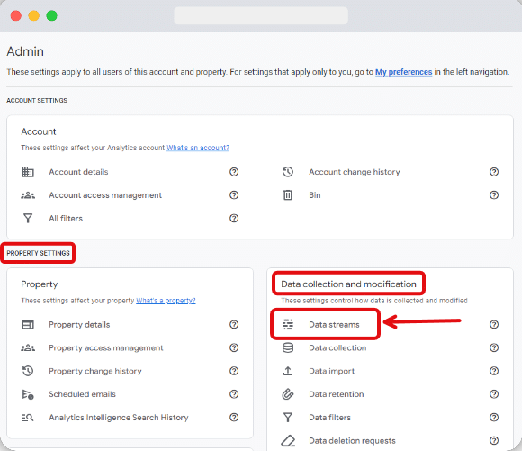Screengrab of property setting section inside admin dashboard of a google analytics account
