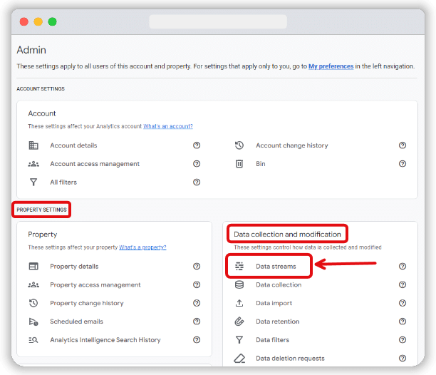 Screengrab of property setting section inside admin dashboard of a google analytics account